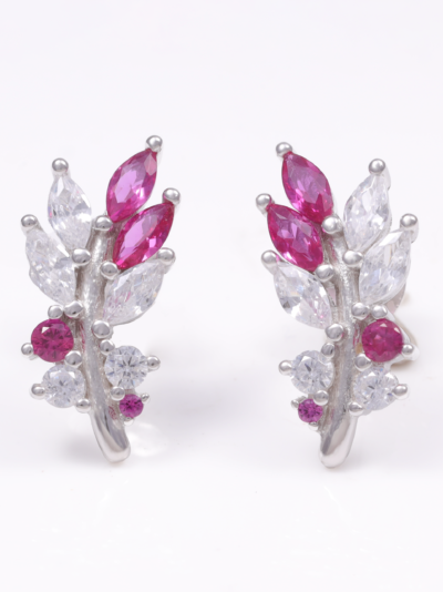 925 Sterling Silver Floral Motif Earrings White Zircon, Ruby Sterling Silver Stud Earring