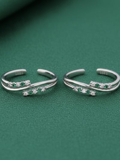 925 Sterling Silver Green Gem and Sparkling Toe Ring