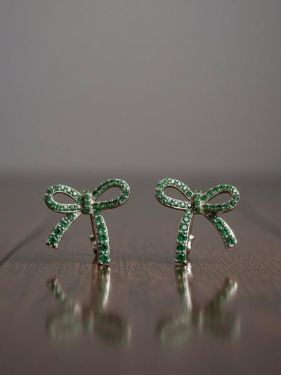 925 Sterling Silver Bow Shaped Emerald Stud Earrings