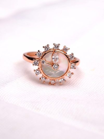 925 Sterling Silver Rose Gold Clock Charm Ring for Women and Girls