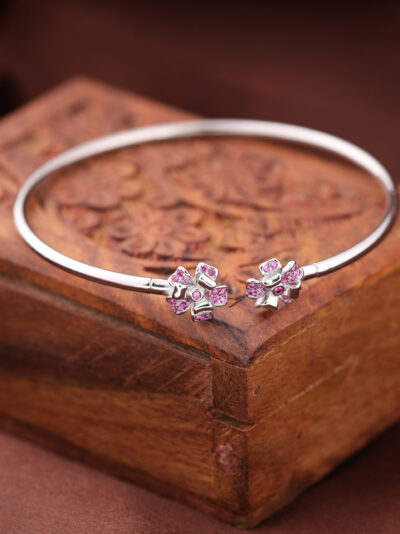 925 Sterling Silver Pink Petal Charm Bracelet (Silver Wrist Cuff)