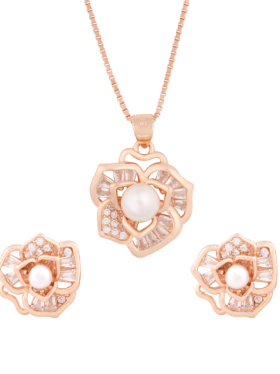 925 Sterling Silver Rose Gold Pearl-Bloom Pendant Set